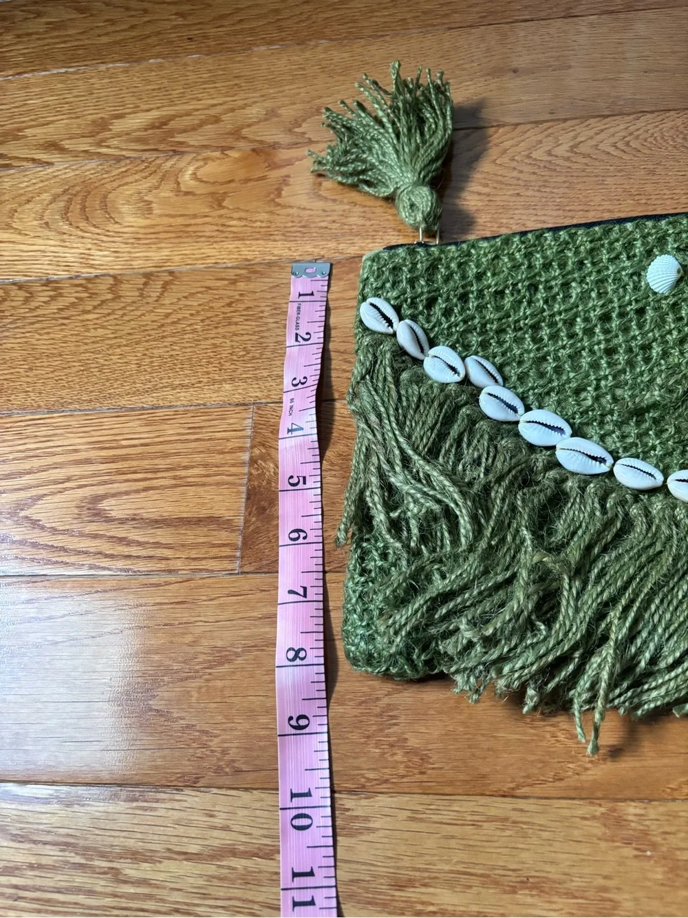Boho Olive Green Fringe Clutch with Shell Trim
